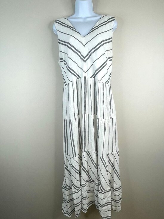 DKNY Women Beachy Linen Blend Midi Dress 14 White Black Stripe Belted Sleeveless - Picture 1 of 9